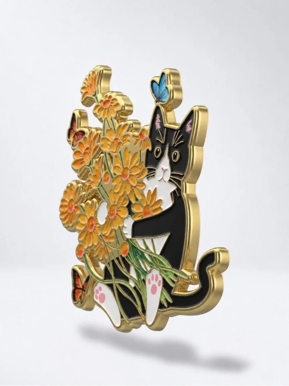 Summer time Black & White Cat Brooch with Orange Flowers and Butterflies